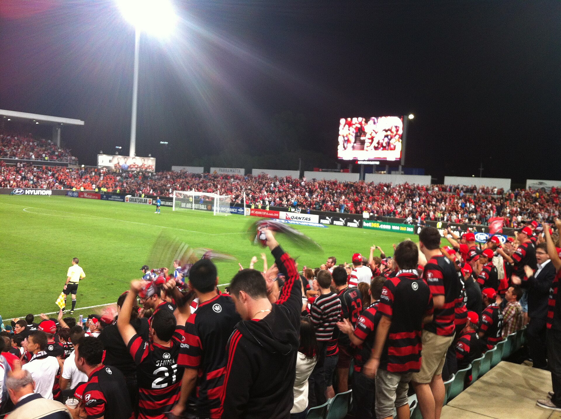 Soccer supporters waving flags in stadium seating