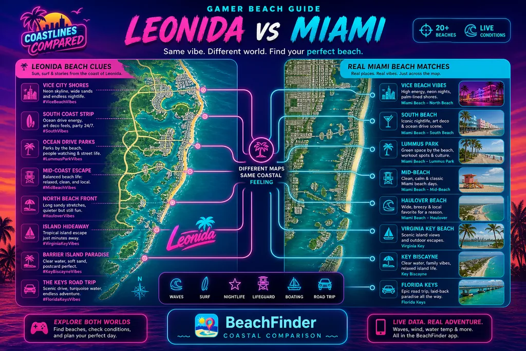 GTA 6 Leonida vs real Miami beaches comparison map by BeachFinder