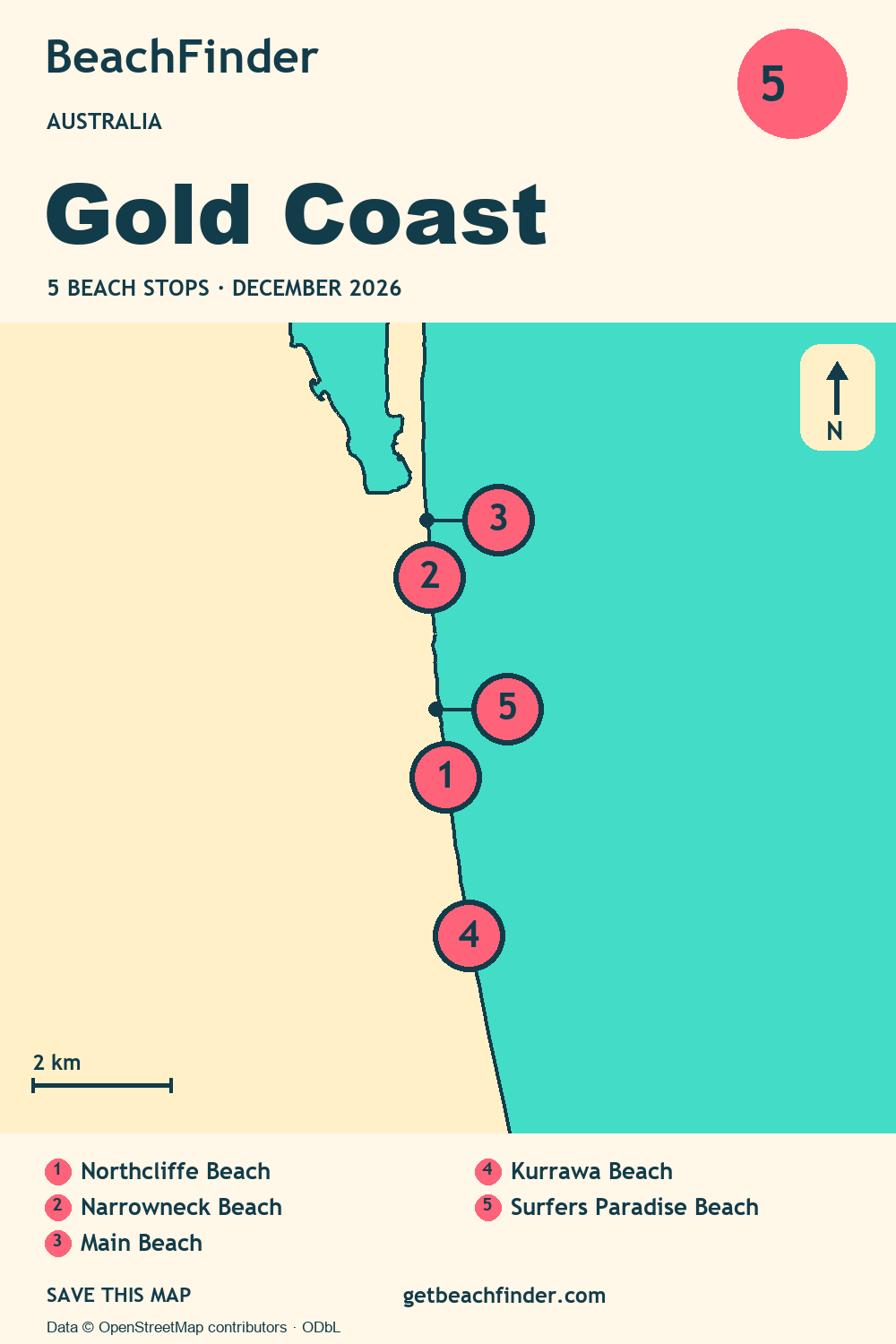 Beach stops around Gold Coast — Coast map