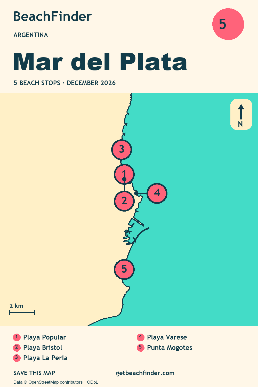 Beach stops around Mar del Plata — Coast map