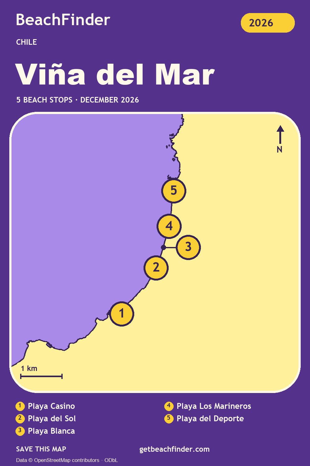 Beach stops around Viña del Mar — Coast map